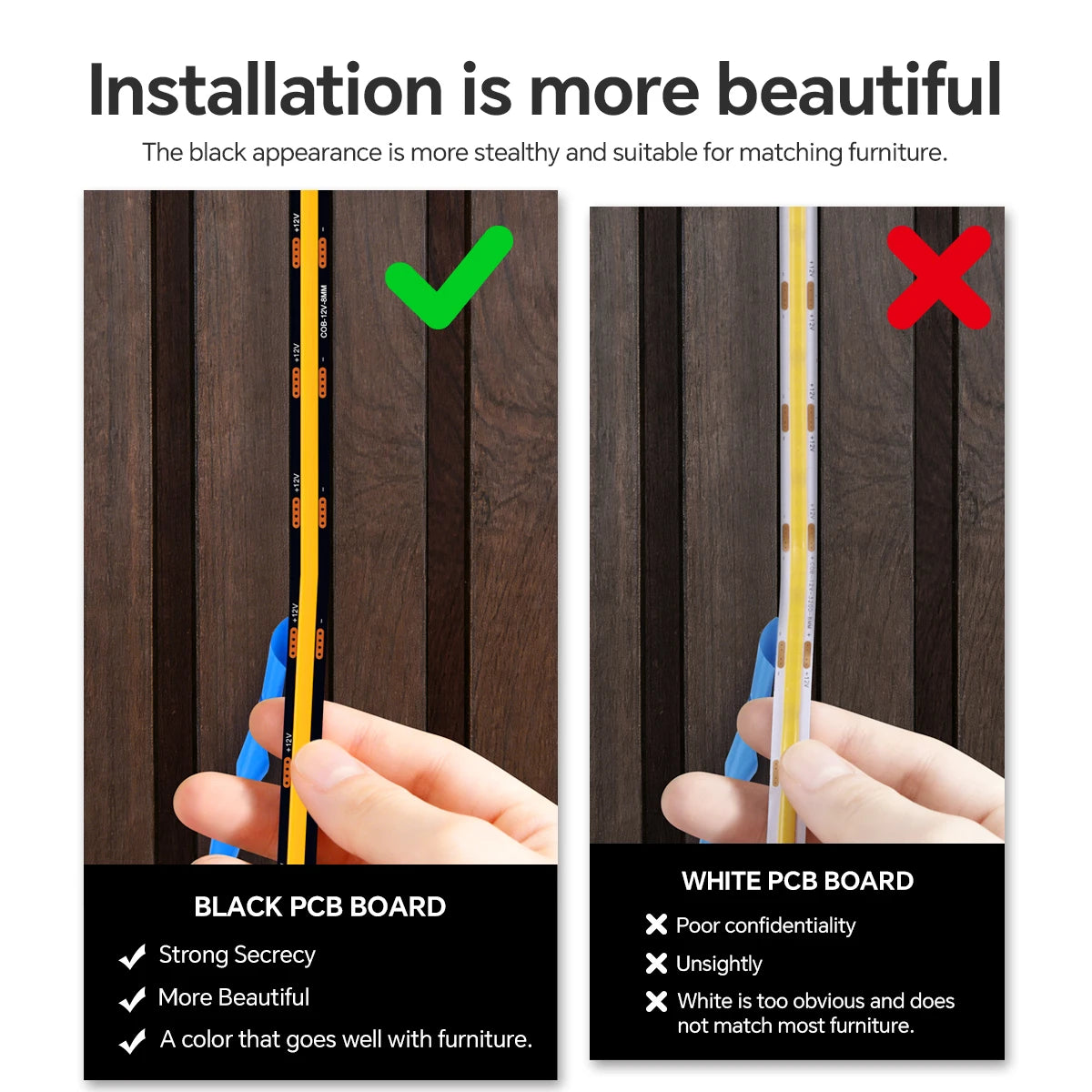 Walnut Wood Grille Acoustic Curtain Wall Panel LED Light Strip Black PCB COB Kit Touch Dimmable For Cabinet TV Backlight Decor